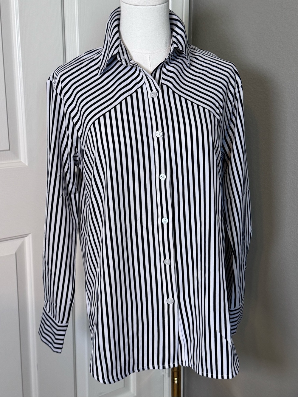 Notations Black and White Vertical Stripe Button-Up Blouse